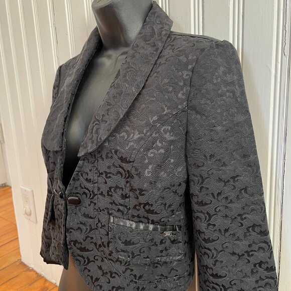DKNY Jeans Black Damask Shawl Collar 3/4 Sleeve Blazer, Size Small - Picture 3 of 15